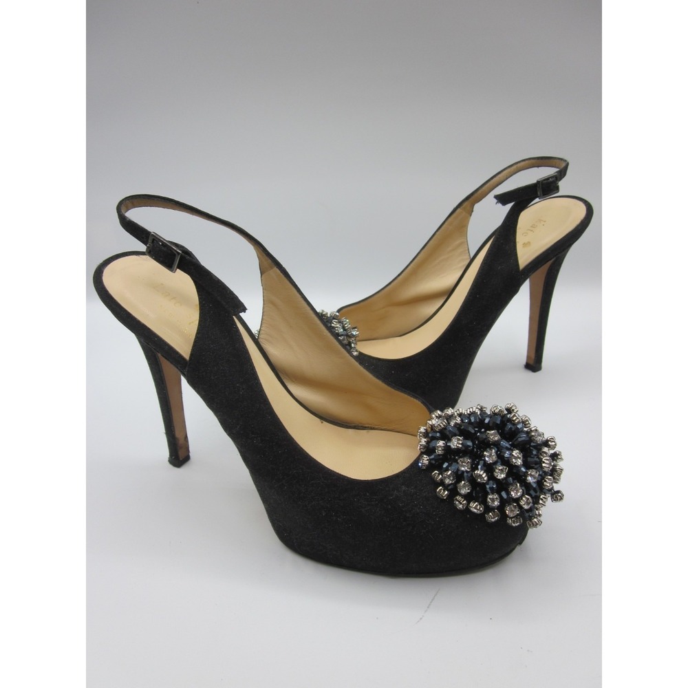 Black canvas w/ crystal burst trim toe Kate Spade slingback sandal Sz 7